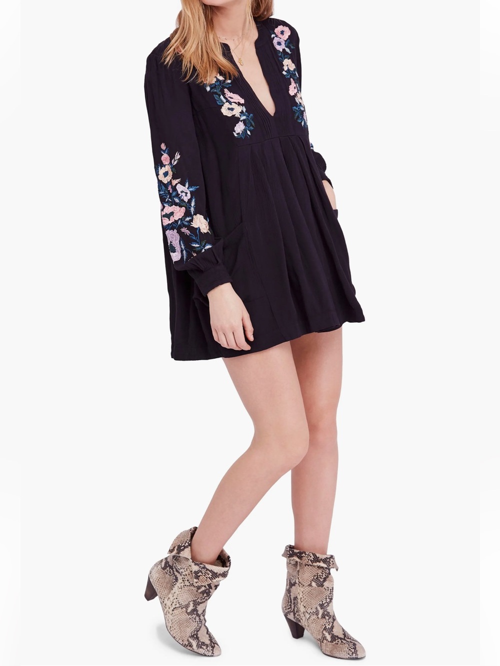 Free People Mia Embroidered Mini Dress Size S Black Floral Bohemian Cottagecore